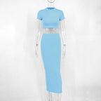Conjunto mujer dos piezas top corto y falda larga azul claro - Celeste