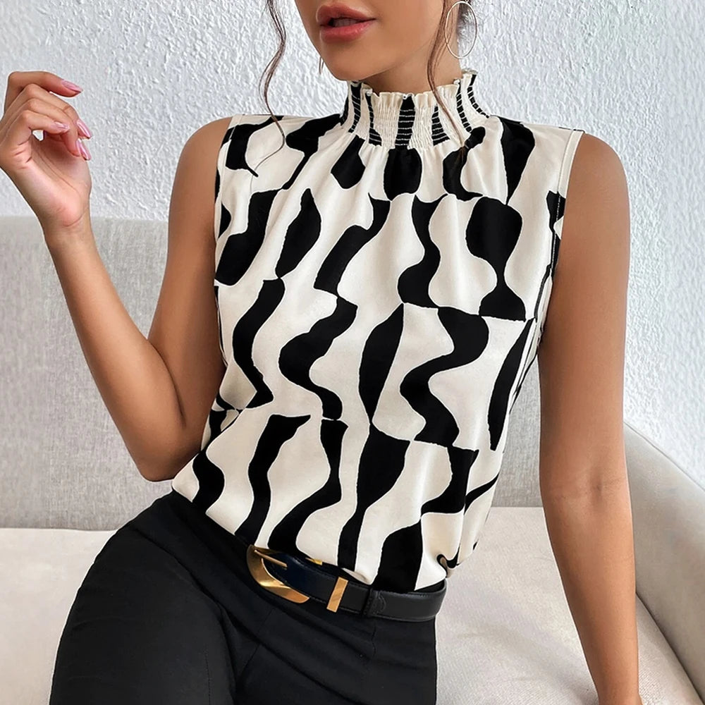 Blusa sin mangas mujer cuello alto estampado abstracto blanco y negro - Renata