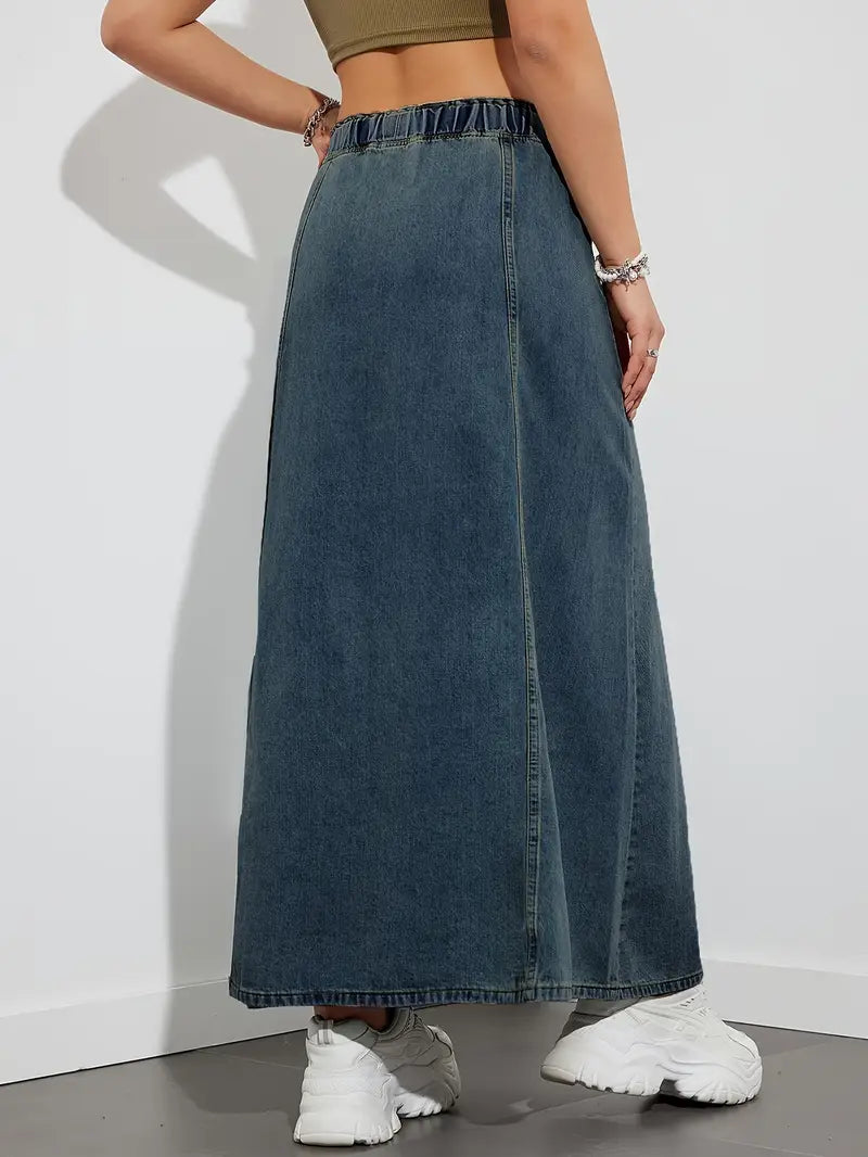 Falda vaquera larga con cordón ajustable, cómoda y versátil perfecta para un look casual y trendy