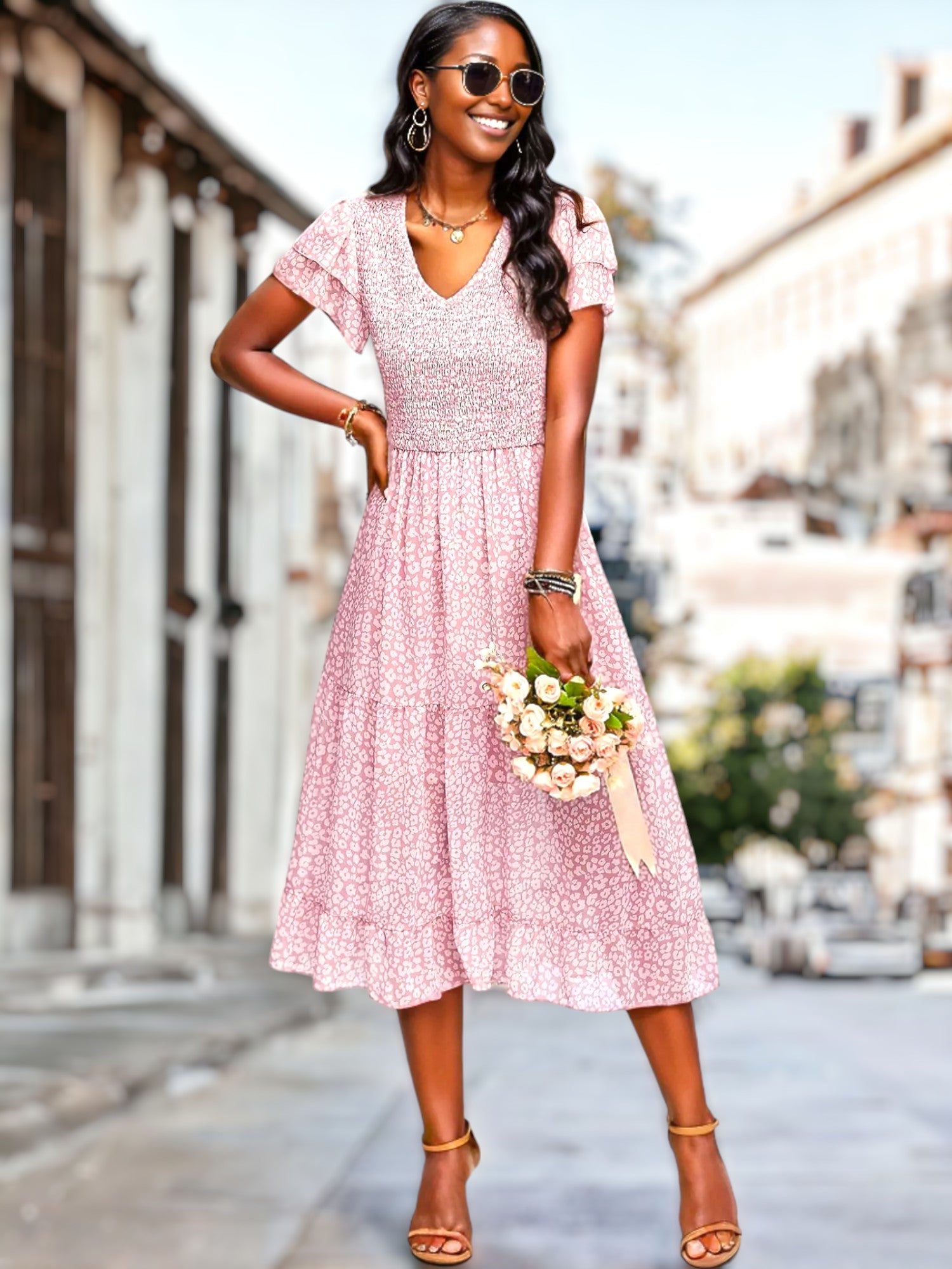 Susan - Vestido con Escote en V y Mangas Escalonadas