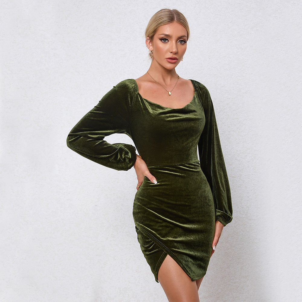 Vestido color verde en efecto terciopelo - Nauwe