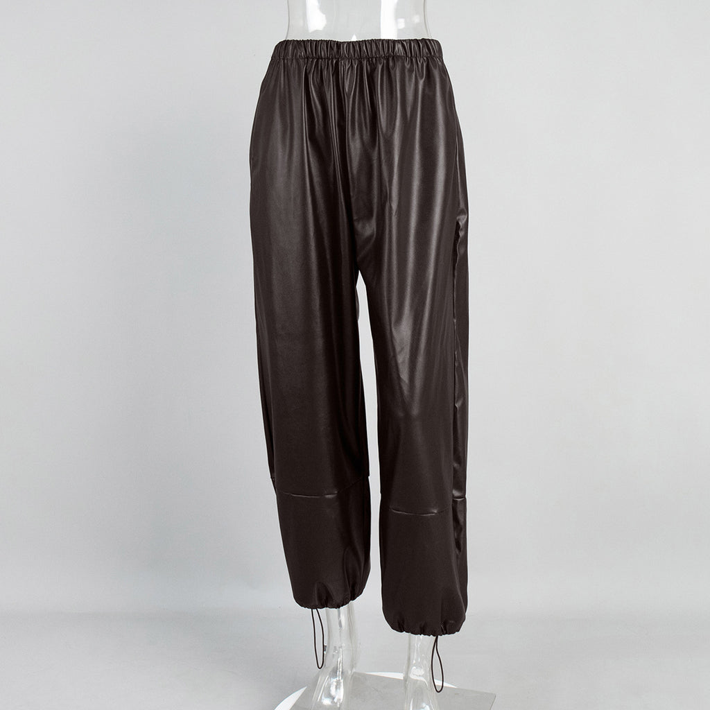 Pantalones para mujer de efecto piel con cordones en el bajo - Eirenne