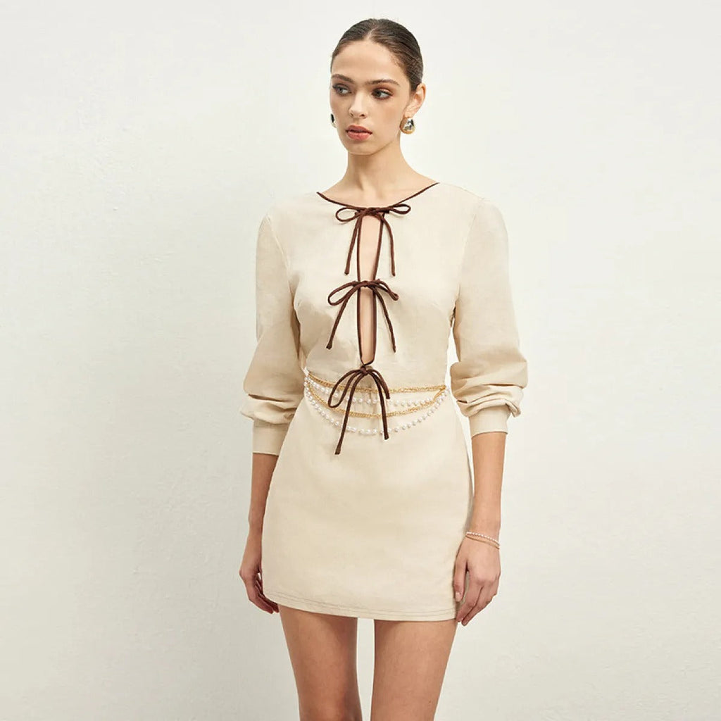 Vestido corto mujer lino lazos decorativos estilo elegante - Renata