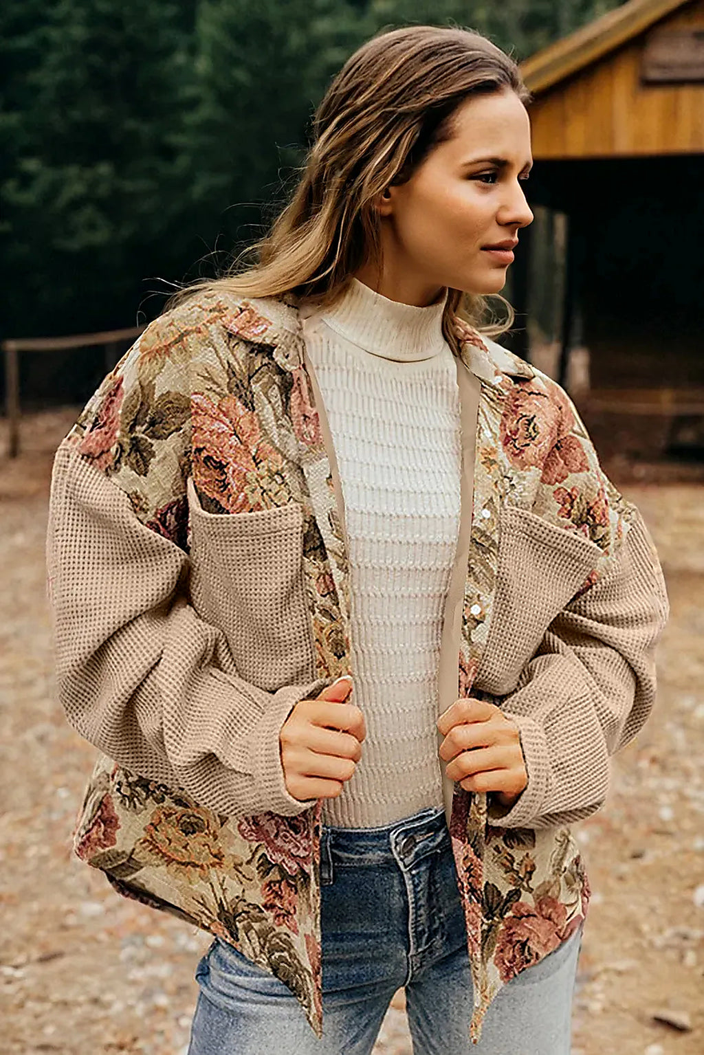 Chaqueta floral combinada de punto para mujer - Olyane