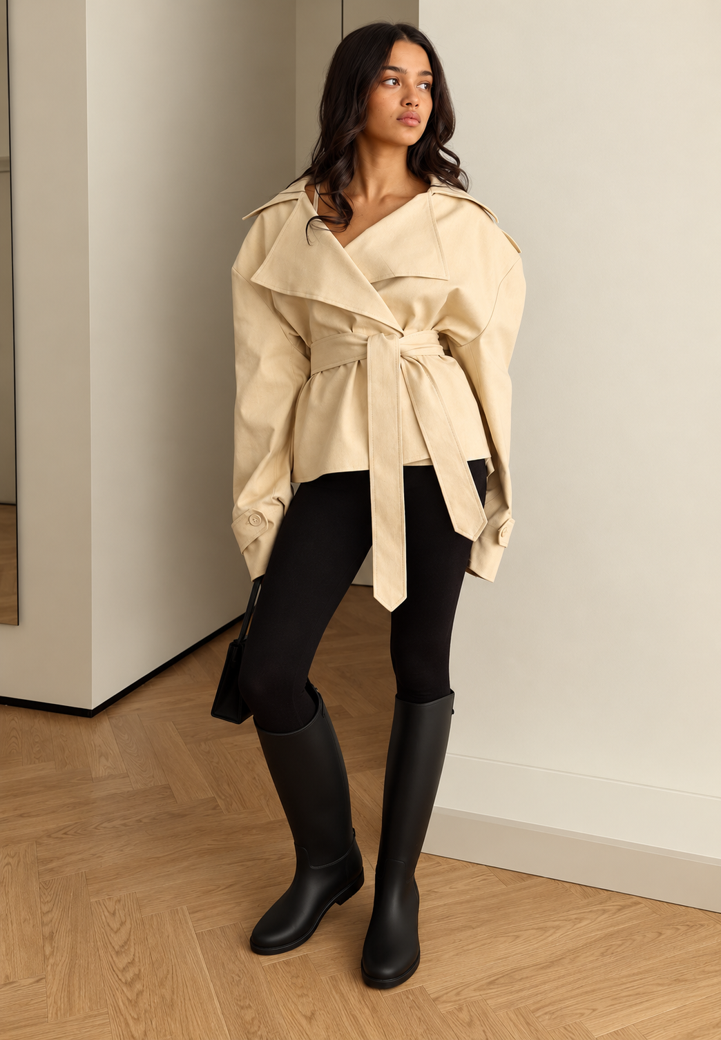 Gabardina corta elegante con cinturón solapas - Nerea