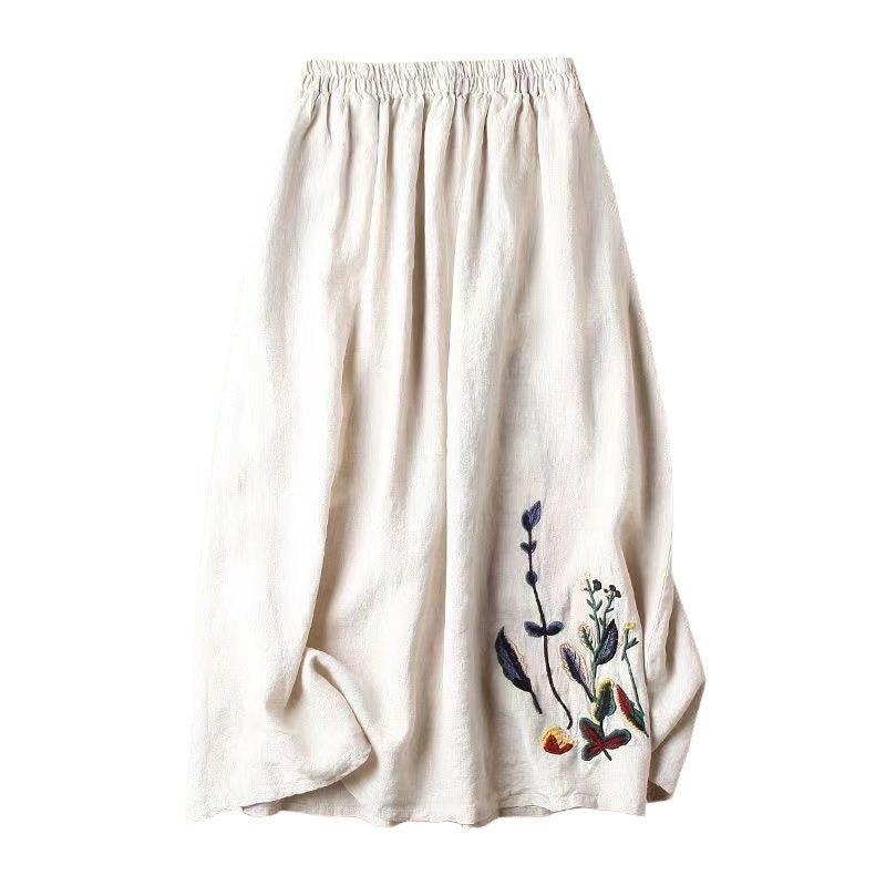 Falda midi mujer con cintura elástica y bordado floral artesanal - Amandine