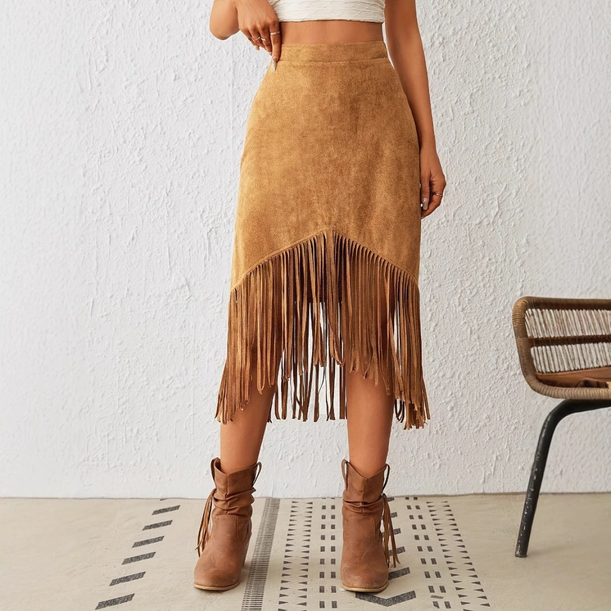 Falda midi para mujer antelina con flecos estilo bohemio - Samira