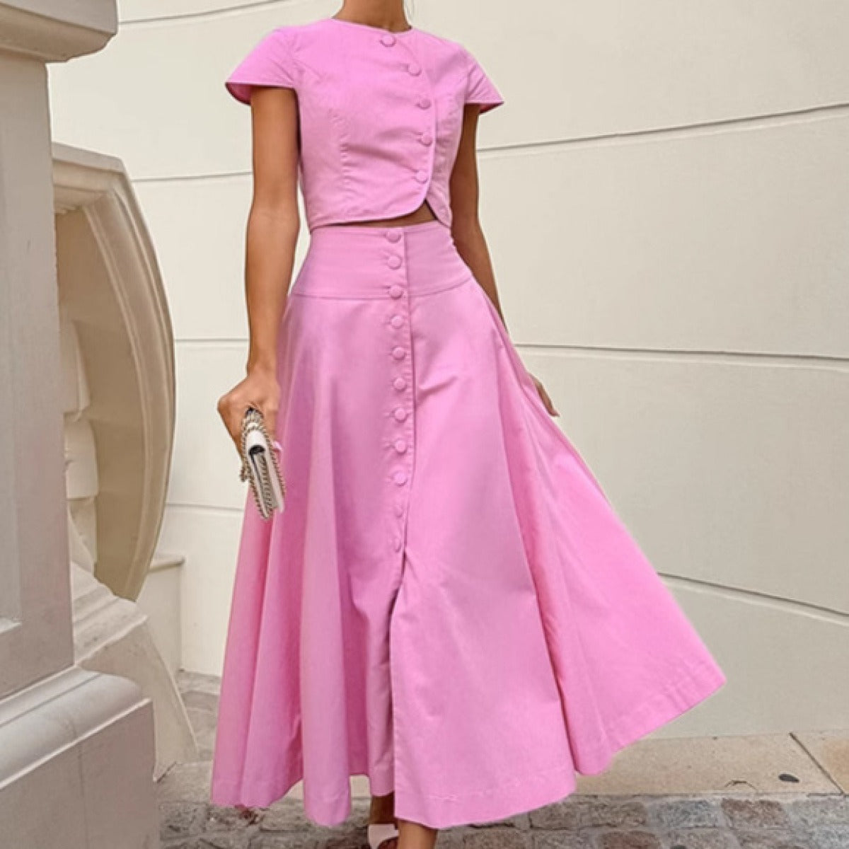 Conjunto para mujer dos piezas top abotonado con falda midi acampanada - Valeria