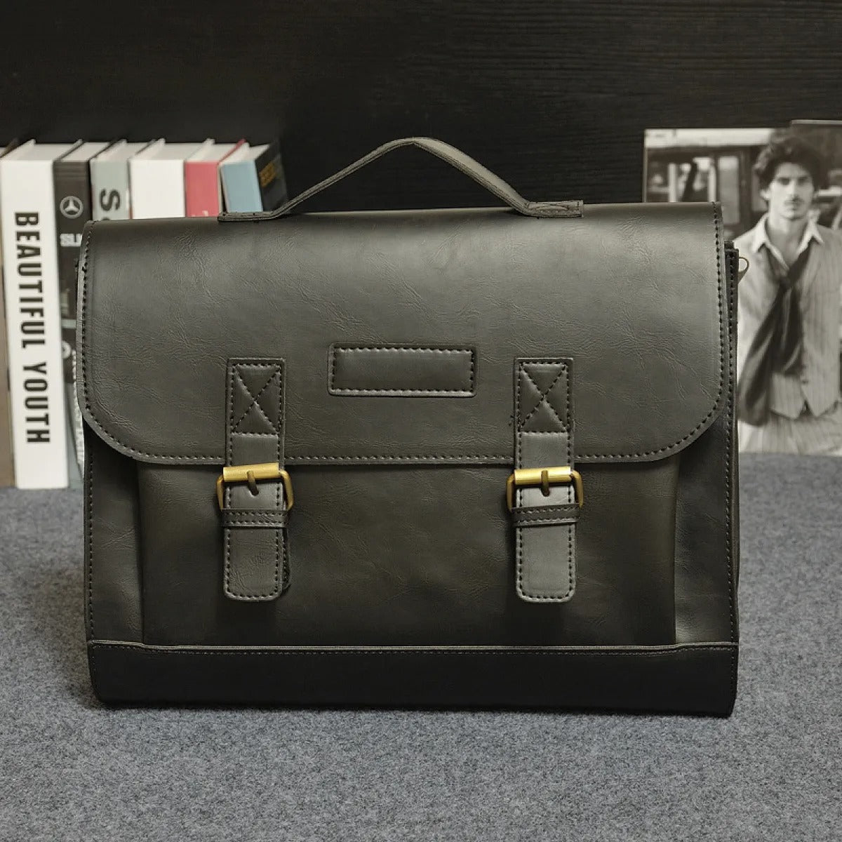 Maletín para hombre de piel sintética con hebillas estilo vintage - Adrien