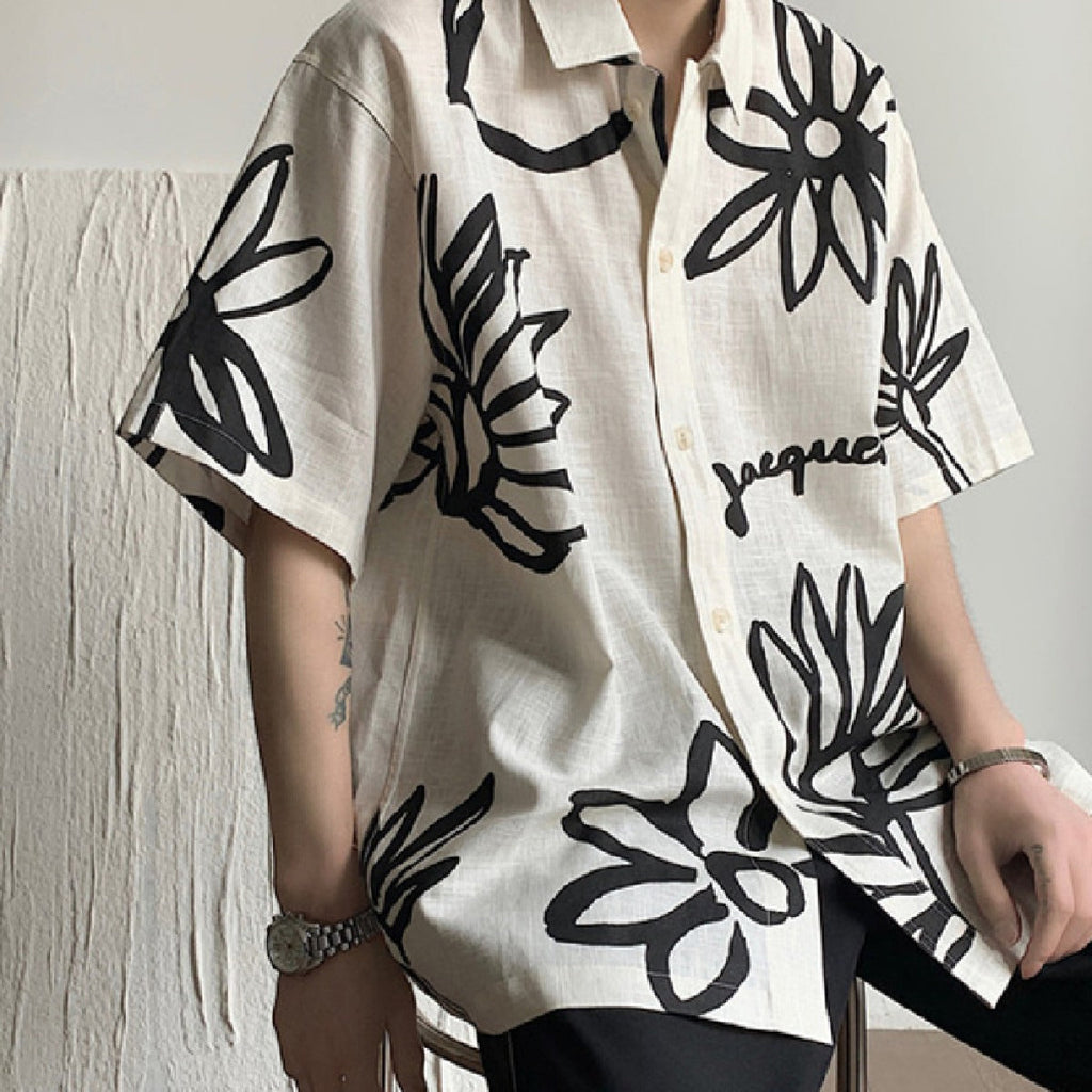Camisa para hombre de manga corta lino diseño floral artístico - Jörg
