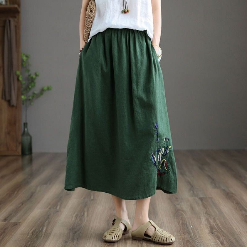 Falda midi mujer con cintura elástica y bordado floral artesanal - Amandine