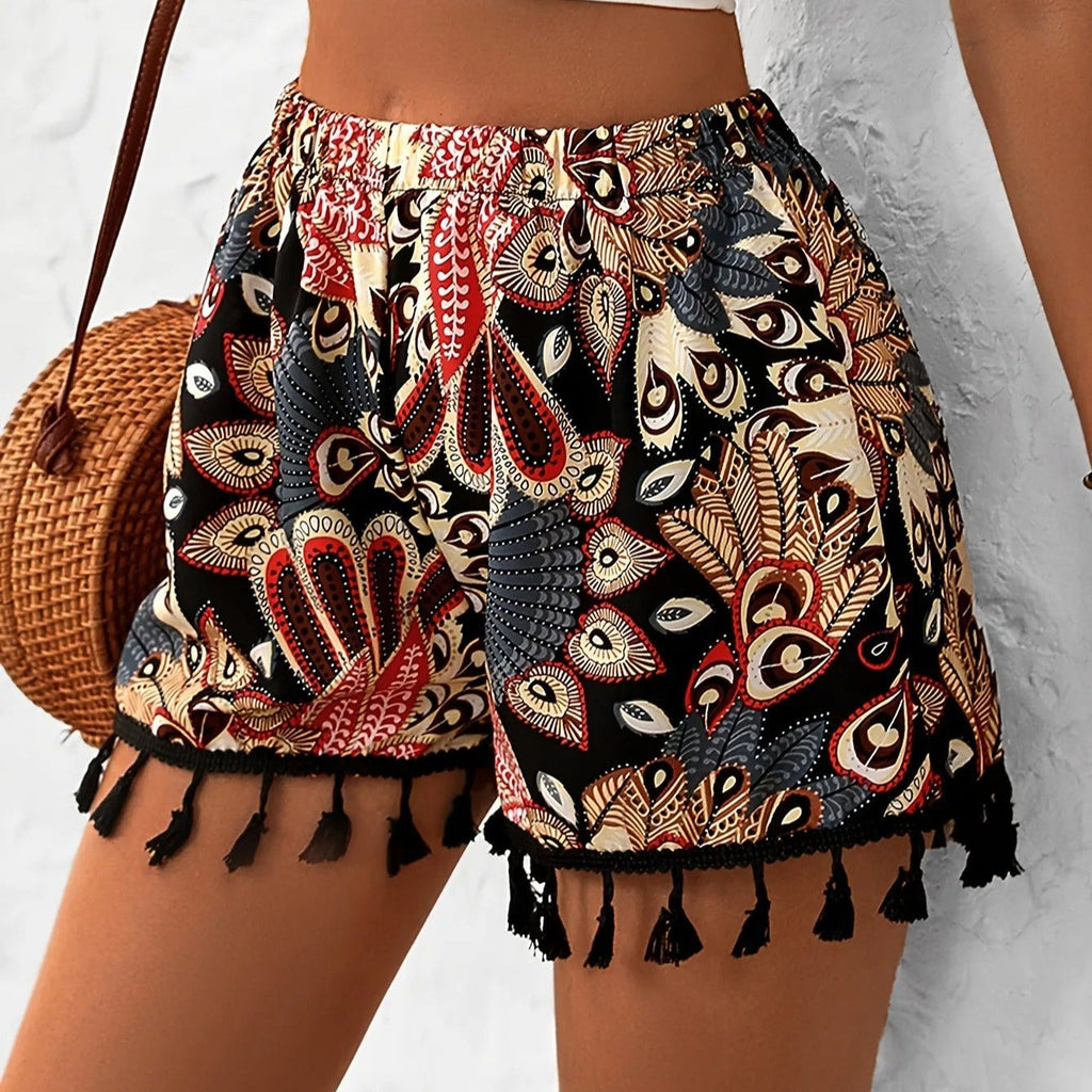 Shorts mujer tiro alto estampado bohemio con borlas - Naïra