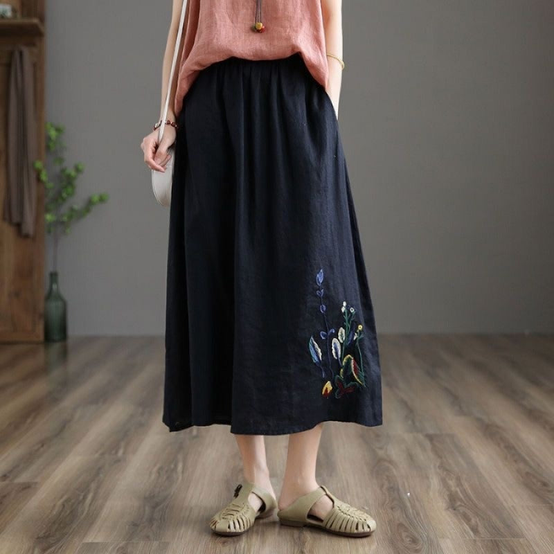 Falda midi mujer con cintura elástica y bordado floral artesanal - Amandine