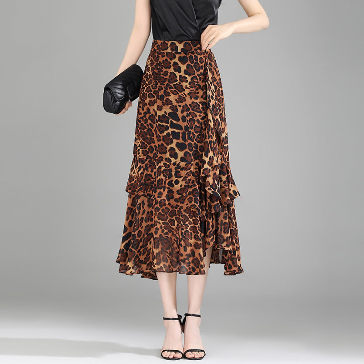 Falda midi para mujer de gasa estampado animal con volantes - Renata