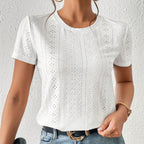 Camiseta de mujer en algodón bordado con manga corta y cuello redondo - Livia