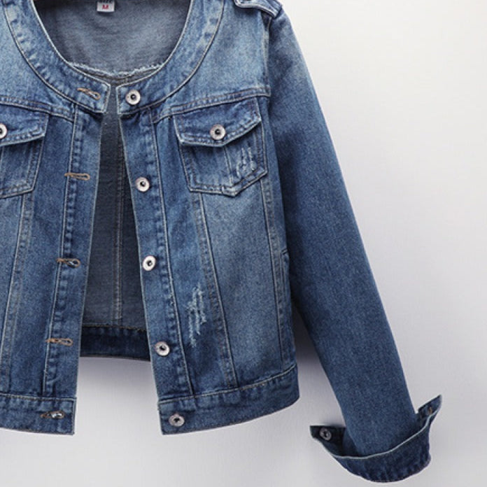 Chaqueta vaquera mujer cuello redondo bolsillos frontales - Hila
