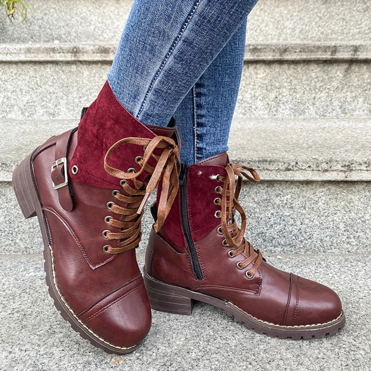 Botines para mujer cuero sintético con cordones estilo militar - Estela