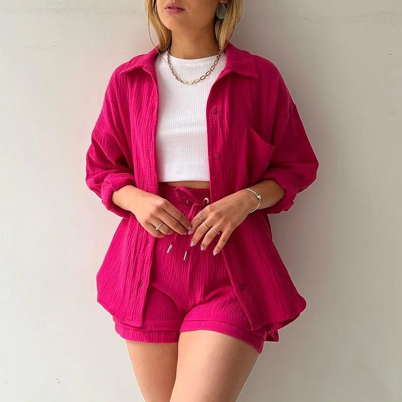 Conjunto mujer tres piezas algodón arrugado - Olga