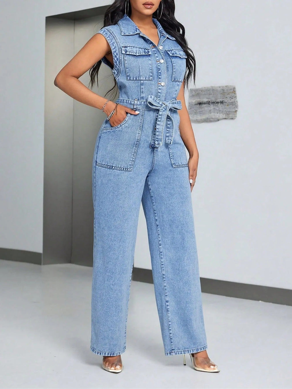 Mono largo mujer sin mangas denim con cinturón - Pilar