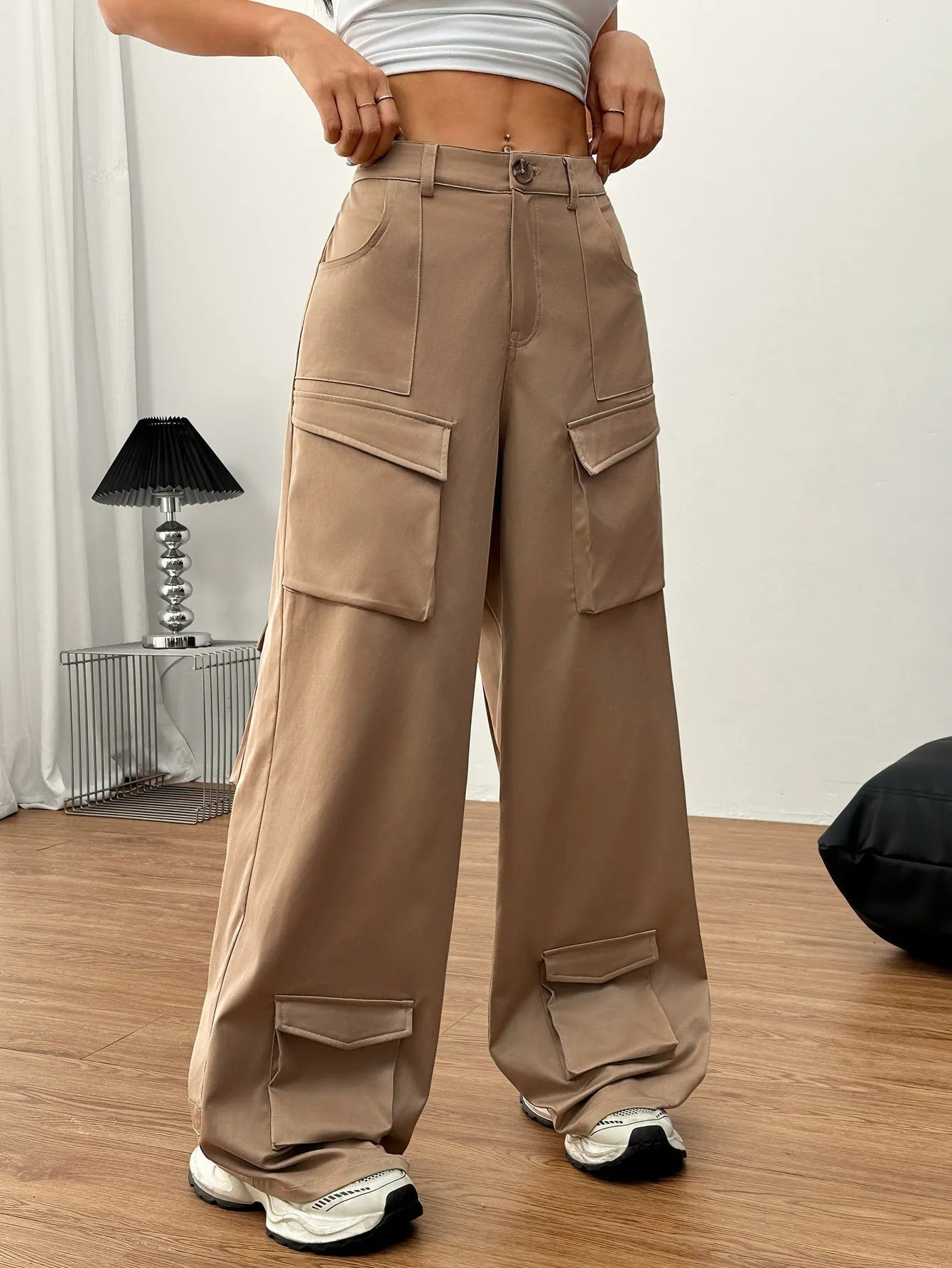 Pantalones cargo para mujer de algodón con bolsillos utilitarios estilo ancho - Abril