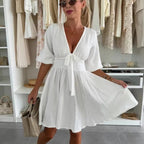 Vestido corto de mujer con escote fruncido y manga abullonada - Céline
