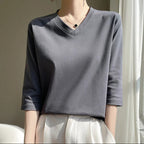 Camiseta para mujer de cuello en V manga francesa algodón suave - Élodie