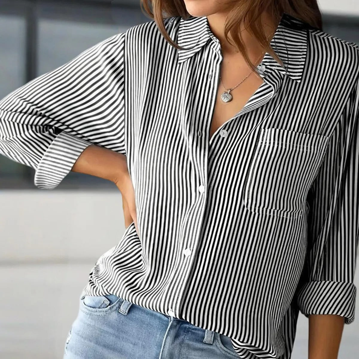 Blusa para mujer de rayas manga larga nudo frontal - Carla