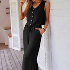 Conjunto sin mangas mujer fluido botones y pantalón palazzo - Ámbar