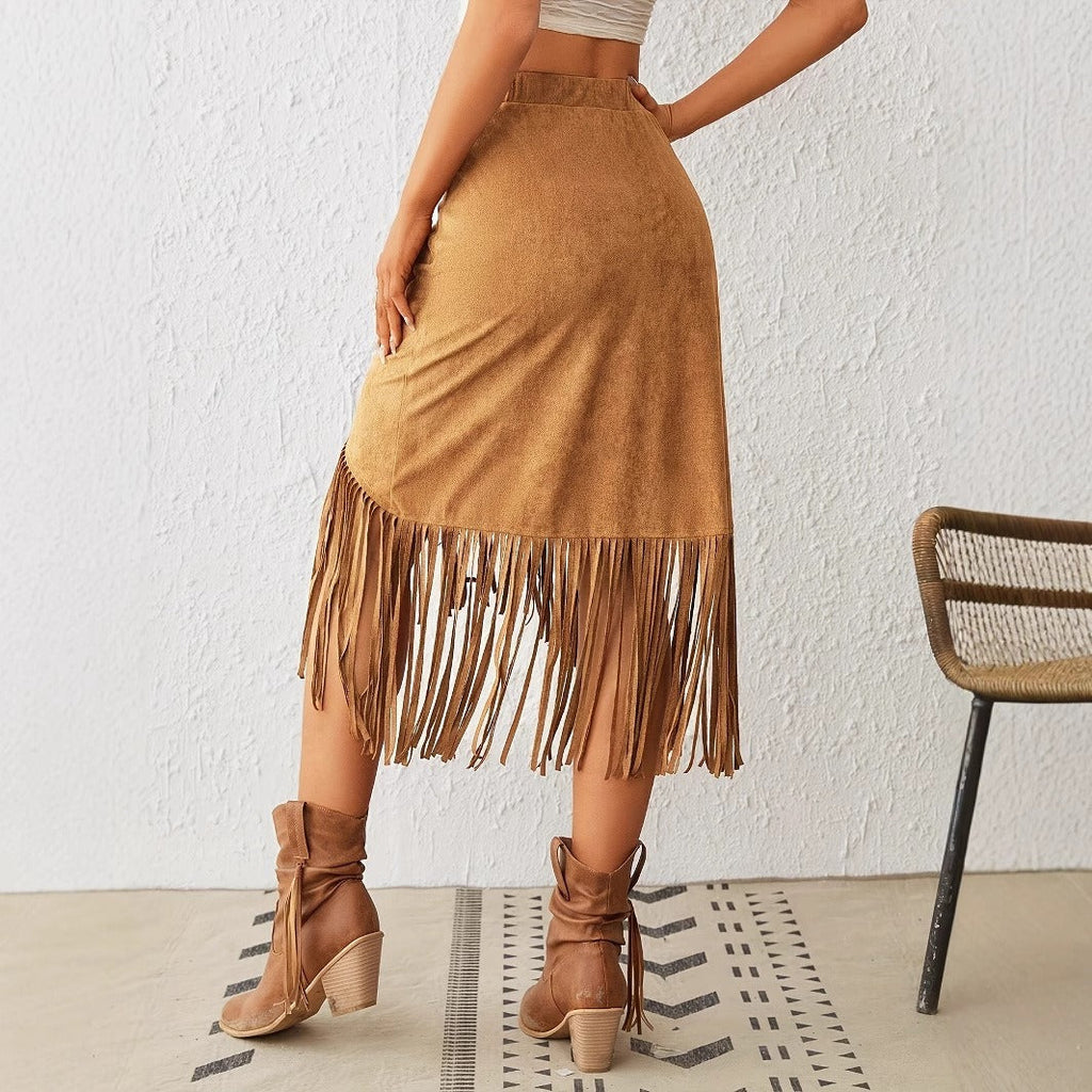 Falda midi para mujer antelina con flecos estilo bohemio - Samira