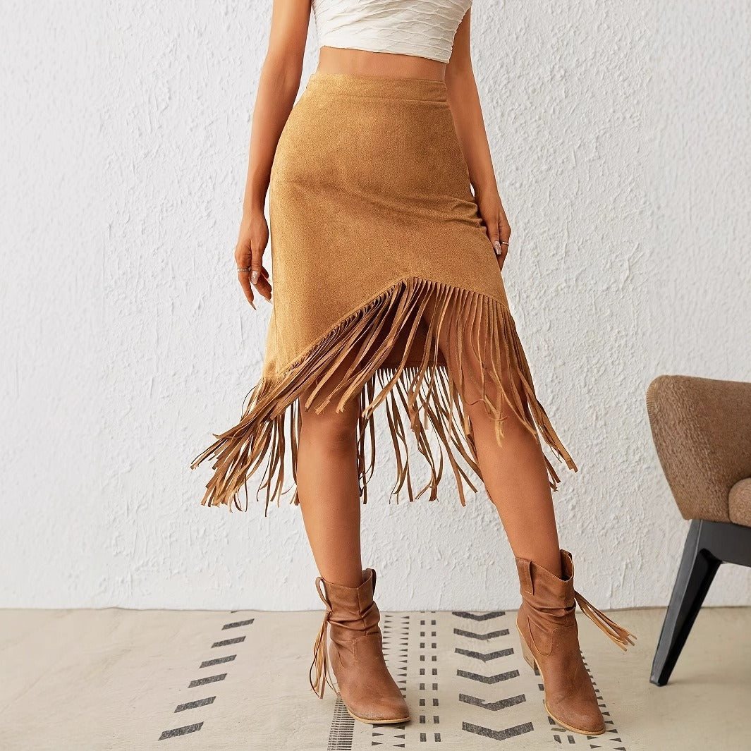 Falda midi para mujer antelina con flecos estilo bohemio - Samira