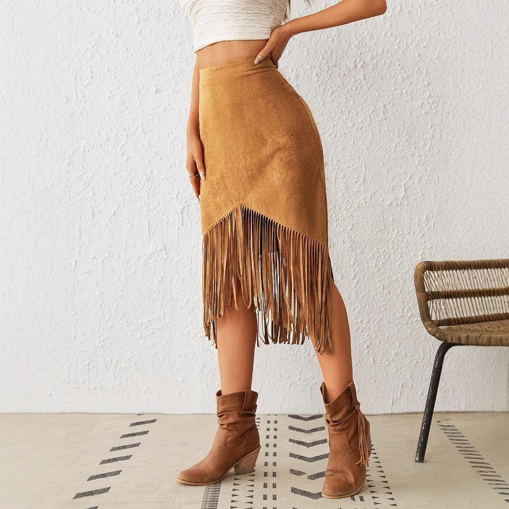 Falda midi para mujer antelina con flecos estilo bohemio - Samira