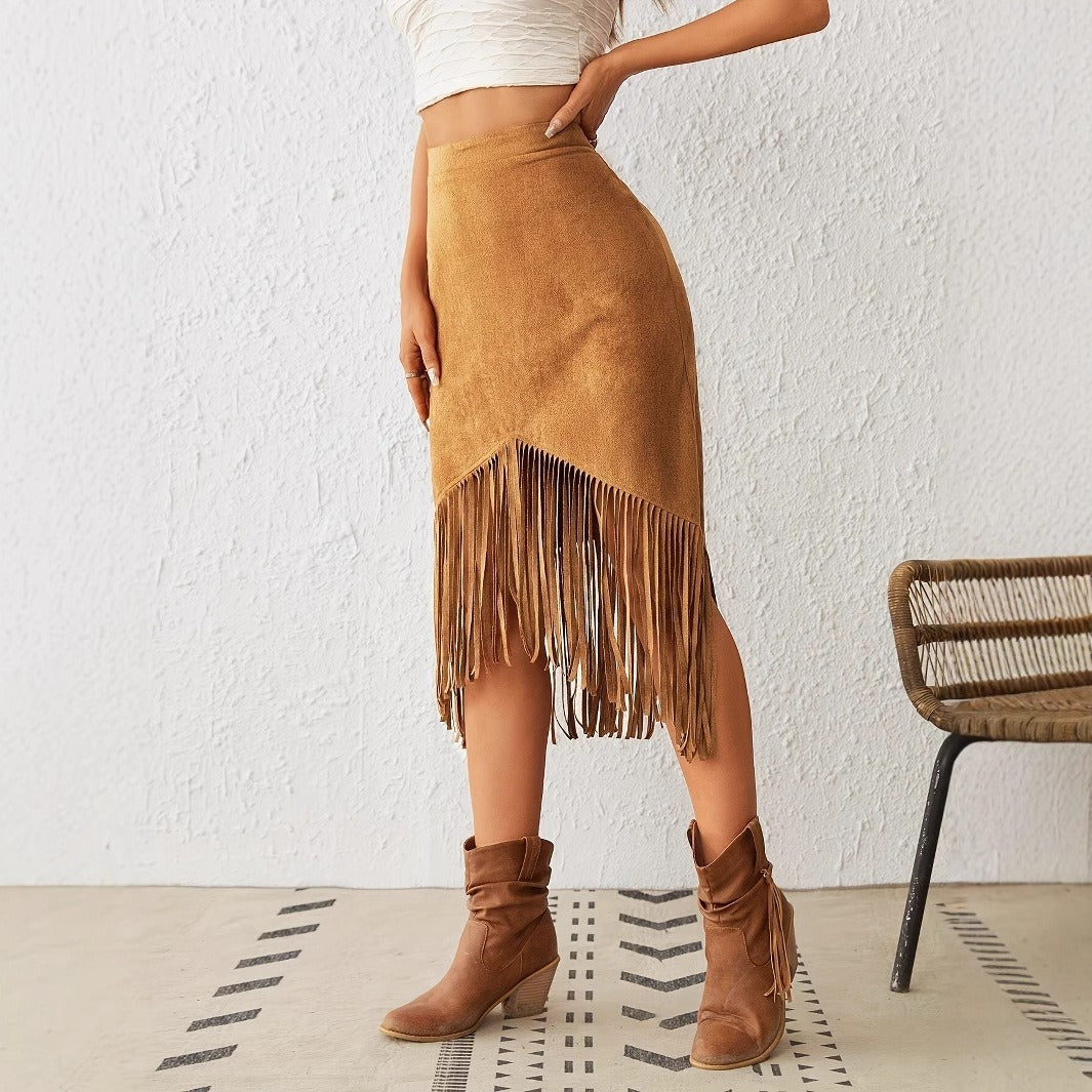 Falda midi para mujer antelina con flecos estilo bohemio - Samira