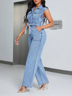 Mono largo mujer sin mangas denim con cinturón - Pilar