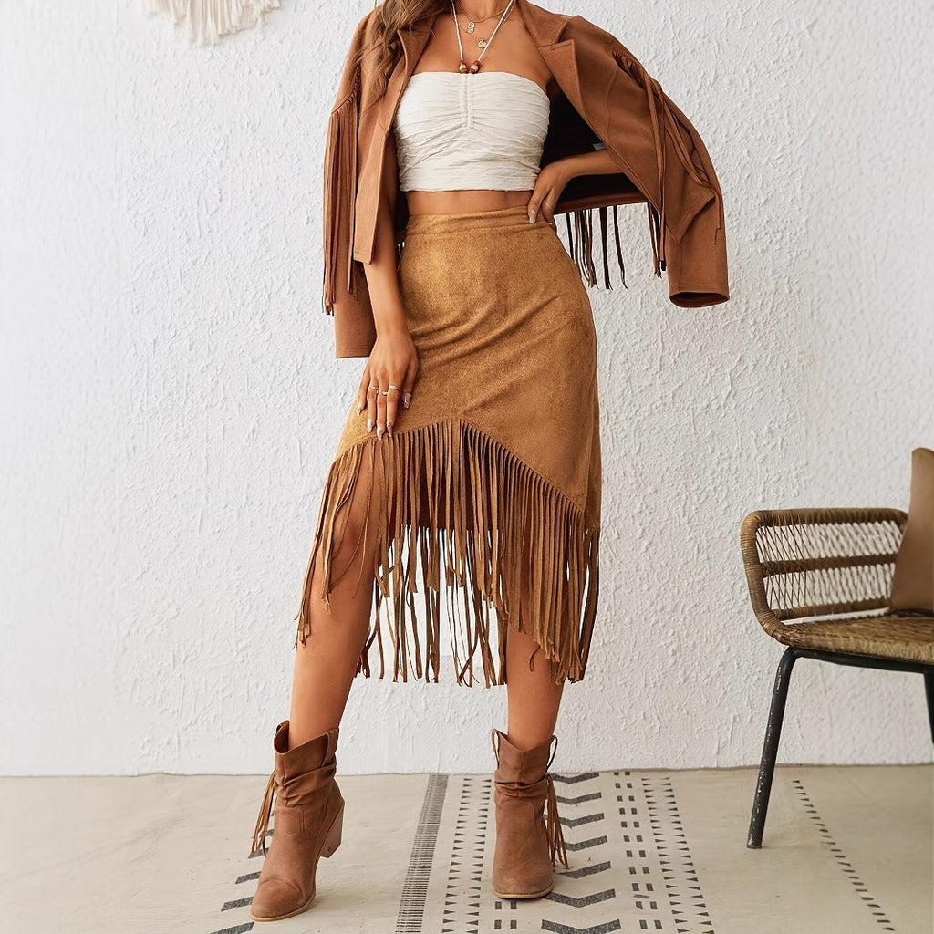 Falda midi para mujer antelina con flecos estilo bohemio - Samira