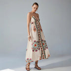Vestido largo escote halter bordado floral - Elara