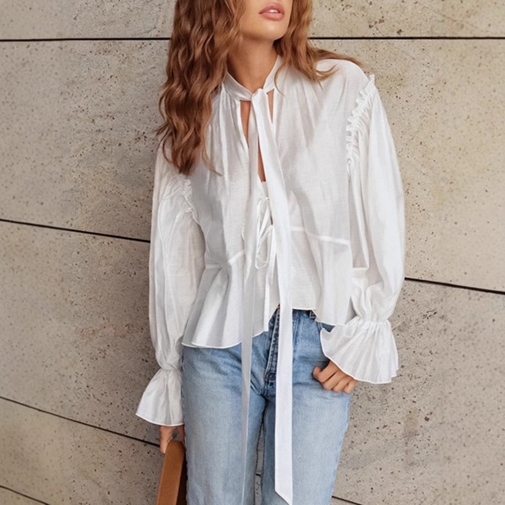 Blusa manga larga para mujer de algodón con lazo cuello estilo romántico - Céleste