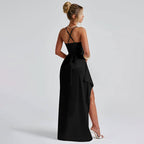 Vestido largo para mujer satén fruncido con abertura lateral - Lorena
