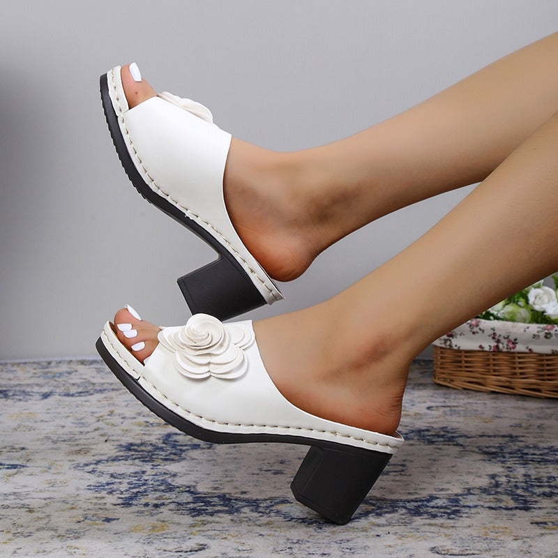 Sandalias Mujer Tacón Medio Aplique Floral Elegante - Noemí
