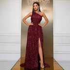 Vestido largo para mujer de lentejuelas con un hombro abertura elegante - Antonella