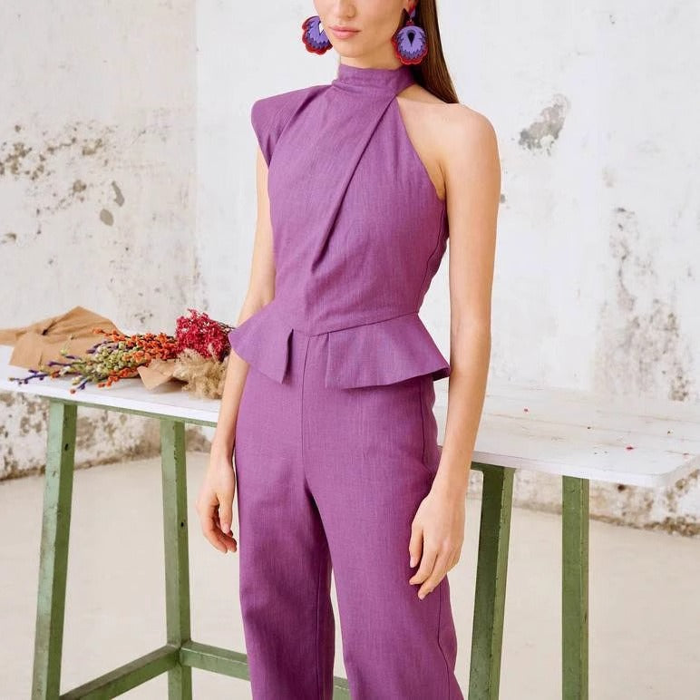Mono mujer sin mangas peplum cuello alto lila - Oriane