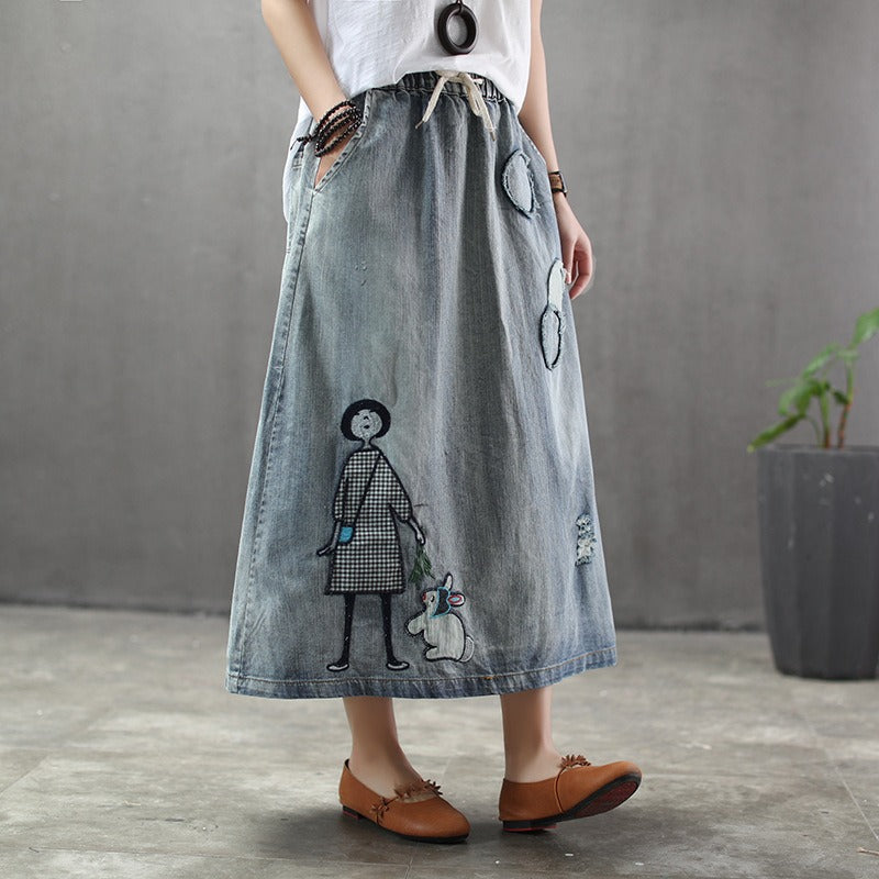 Falda midi mujer con cintura elástica y detalles bordados - Oriane