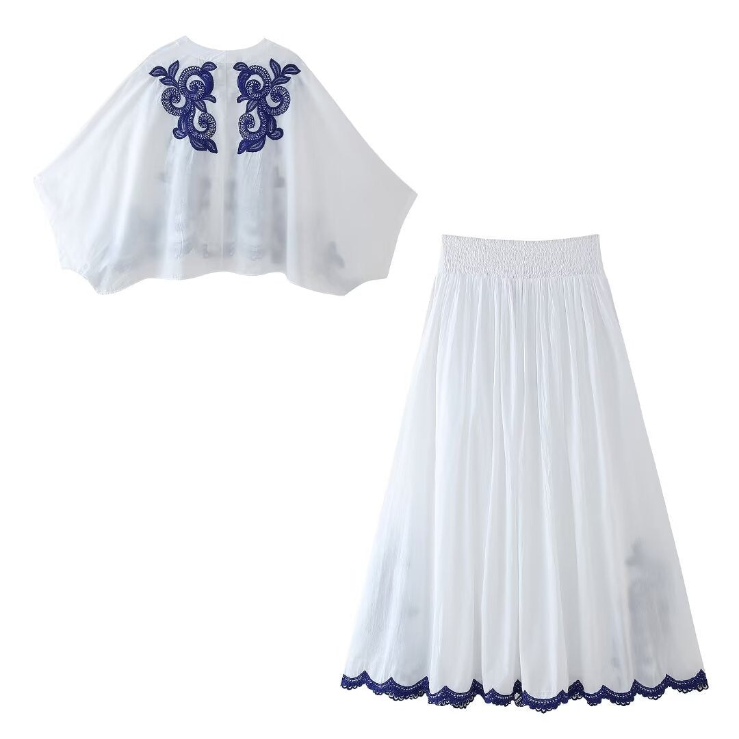 Conjunto para mujer blusa y falda con bordado floral con estilo bohemio - Alondra