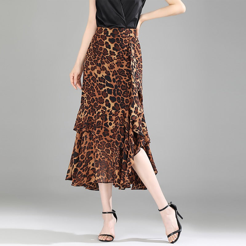Falda midi para mujer de gasa estampado animal con volantes - Renata