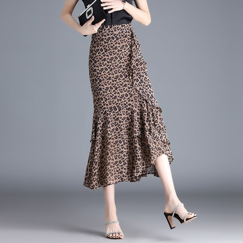 Falda midi para mujer de gasa estampado animal con volantes - Renata