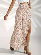 Falda larga mujer floral con abertura lateral - Celeste