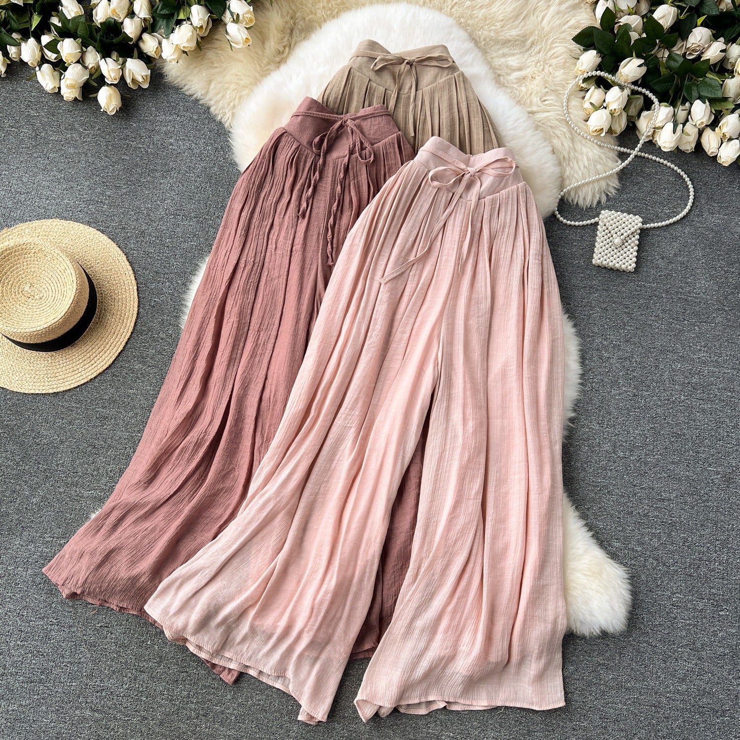 Pantalón para mujer de lino fluido tiro alto estilo palazzo - Mireya