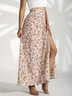 Falda larga mujer floral con abertura lateral - Celeste