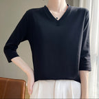 Camiseta para mujer de cuello en V manga francesa algodón suave - Élodie