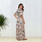 Conjunto mujer floral gasa cruzado y falda abertura alta - Celeste