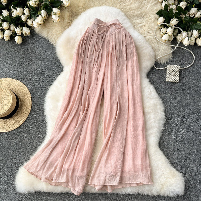 Pantalón para mujer de lino fluido tiro alto estilo palazzo - Mireya